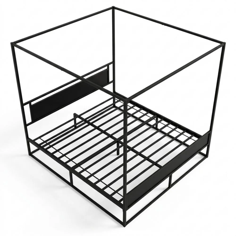 Cama con Dosel para Adultos, Estructura de Metal Negro Estable y Somier, Tamaño: 200 x 200 cm