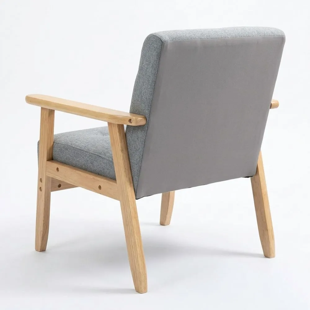 Sillón Individual Tapizado en Lino con Reposabrazos de Madera, Respaldo Acolchado, Carga 130 kg, para Salón o Dormitorio, Gris Claro