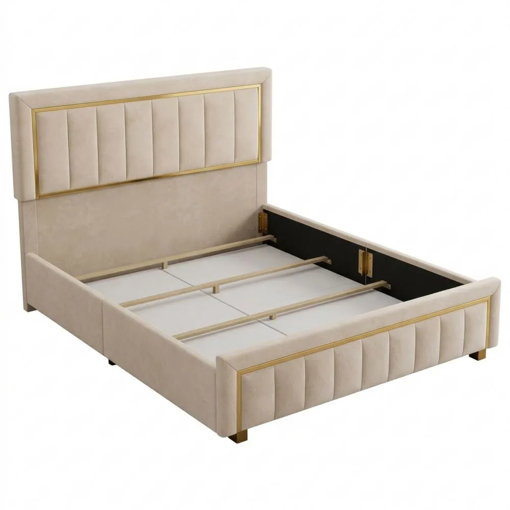 Cama Doble Tapizada 160 x 200 cm con Almacenamiento, Cabecero Acolchado y Base de Lamas, Terciopelo Blanco