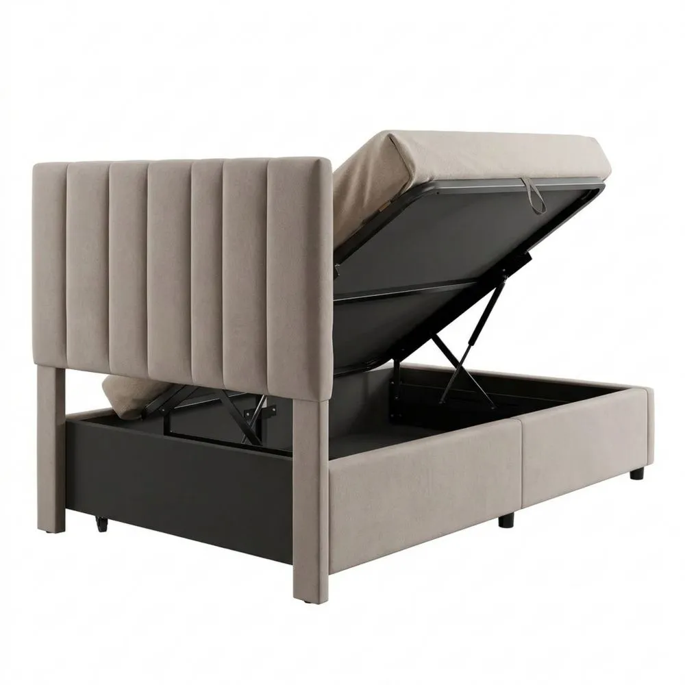 Cama Infantil 90 x 200 cm, Cama Individual Tapizada con Almacenamiento, Base de Listones, Elevable, Lino, Sin Colchón