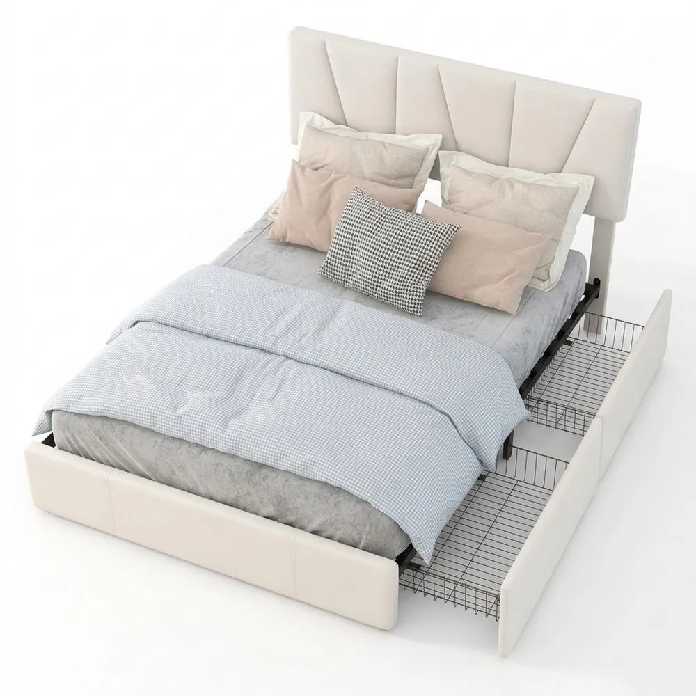 Cama Tapizada 140 x 200 cm con Cajones y Espacio de Almacenamiento
