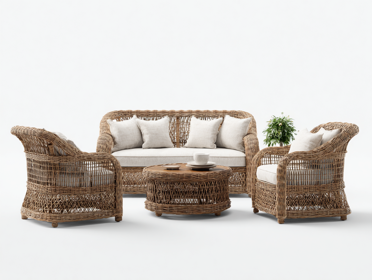 Canapé de jardin en résine tressée avec table basse 180x75x78 cm - Beige et bois naturel - Style naturel pour extérieur-Livexmodecor