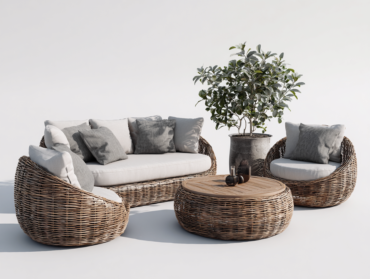 Canapé de jardin en rotin tressé 1 canapé 2 fauteuils et table basse 200x85x75 cm et 85x85x75 cm et 90x90x45 cm - Gris - Naturel - Style naturel-Livexmodecor