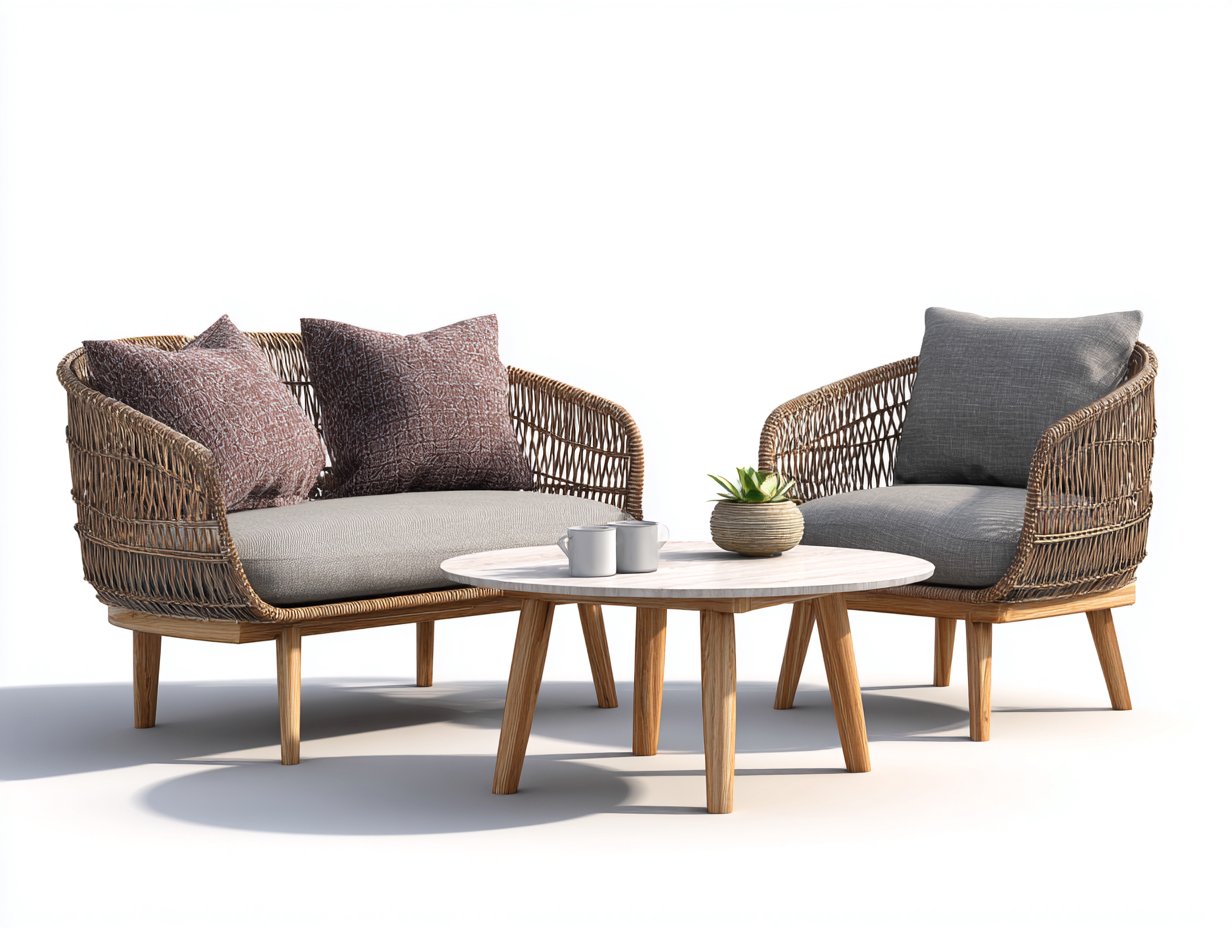 Canapé de jardin en résine tressée avec table basse 120x70x78 cm - Gris et bois naturel - Style naturel pour extérieur-Livexmodecor