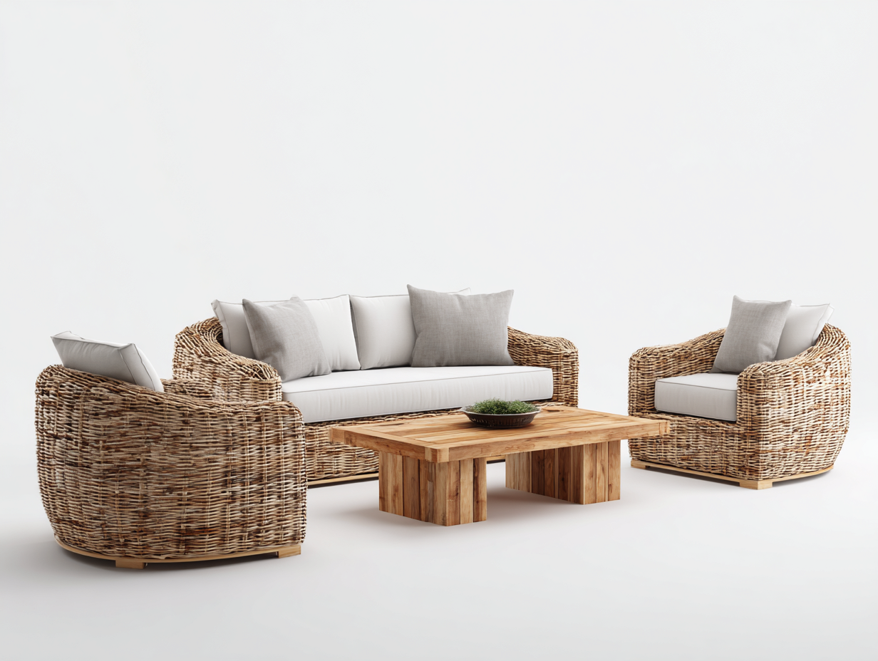 Canapé de jardin en rotin synthétique avec table basse - canapé 180x85x78 cm fauteuil 85x85x78 cm table basse 100x60x38 cm - beige naturel-bois naturel - style extérieur contemporain-Livexmodecor
