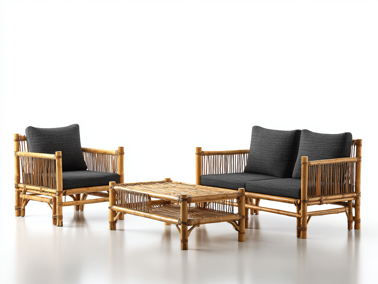 Canapé de jardin en bambou 1 fauteuil 1 canapé 2 places et table basse 75x75x70 cm et 140x75x70 cm et 80x50x35 cm - Marron - Noir - Style naturel-Livexmodecor