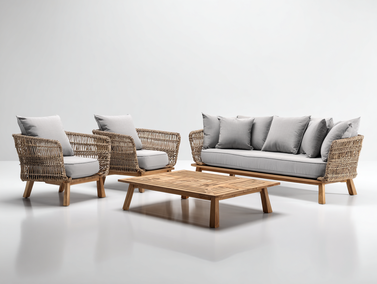 Canapé de jardin en résine tressée avec table basse 180x80x75 cm - marron naturel et gris - style contemporain-Livexmodecor