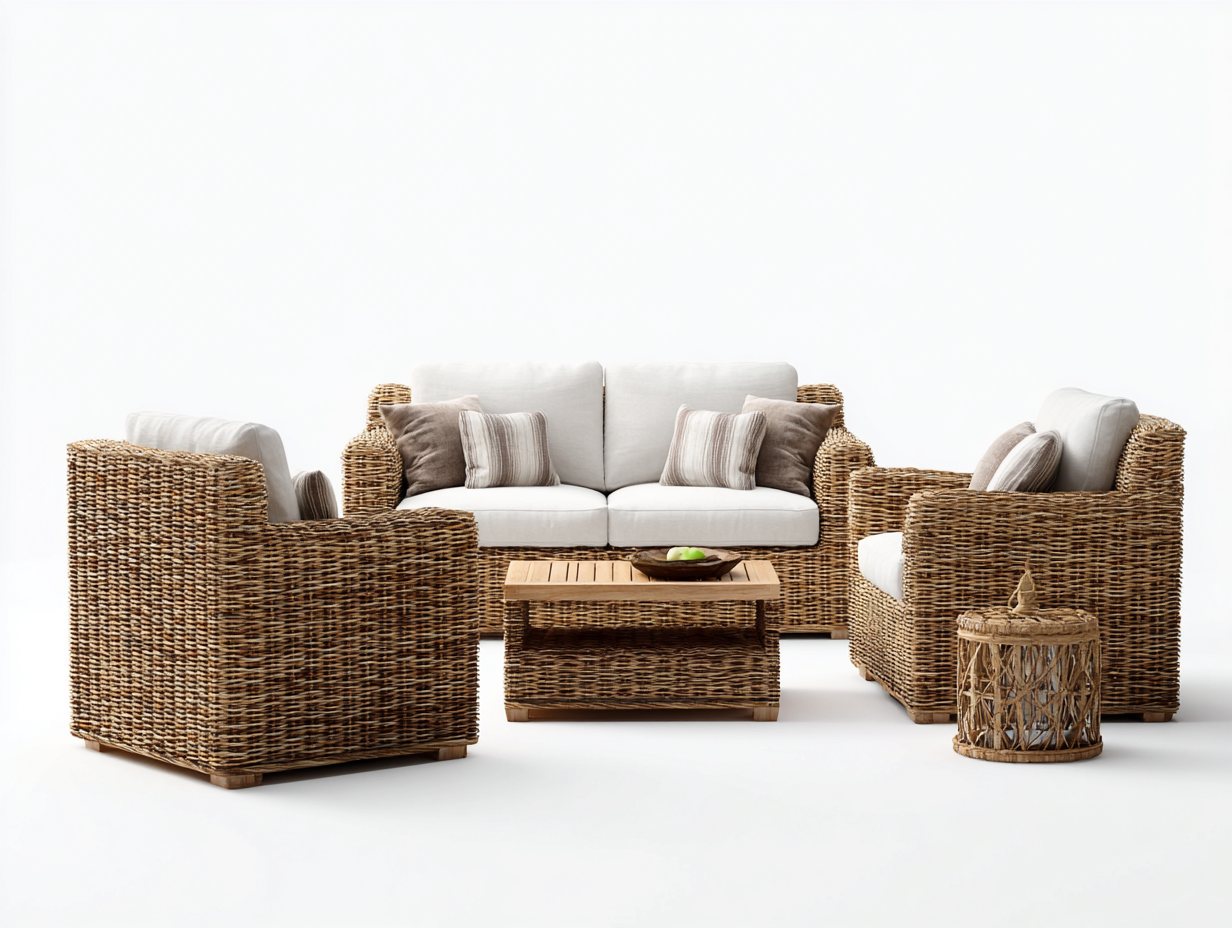 Canapé de jardin en rotin synthétique avec table basse - canapé 175x85x78 cm fauteuil 85x85x78 cm table basse 90x60x35 cm - beige naturel - style extérieur contemporain-Livexmodecor