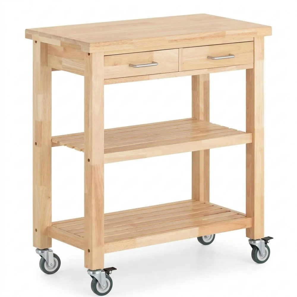 Carrito de Cocina con Ruedas y Estante de Madera, Isla de Cocina Natural 80 x 40 x 90 cm