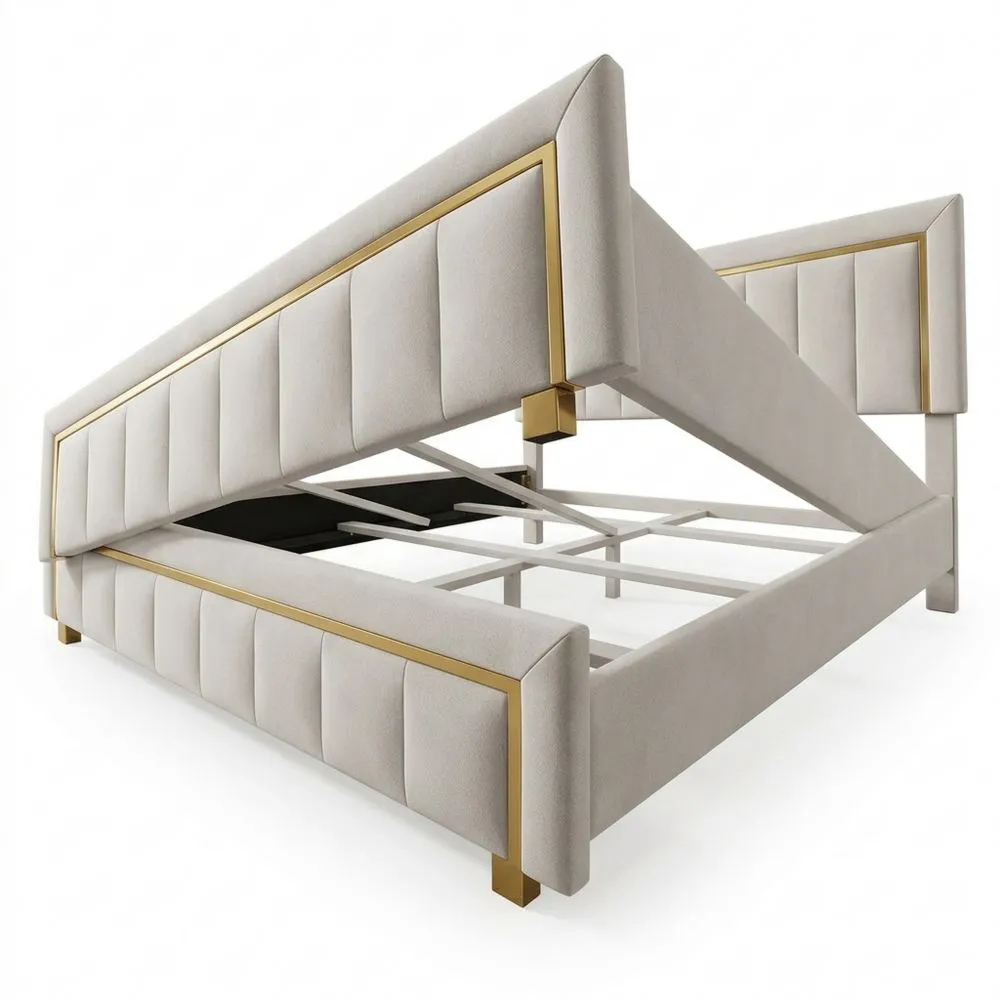 Cama Doble Tapizada con Almacenamiento y Cabecero 160 x 200 cm, sin Colchón, Blanco