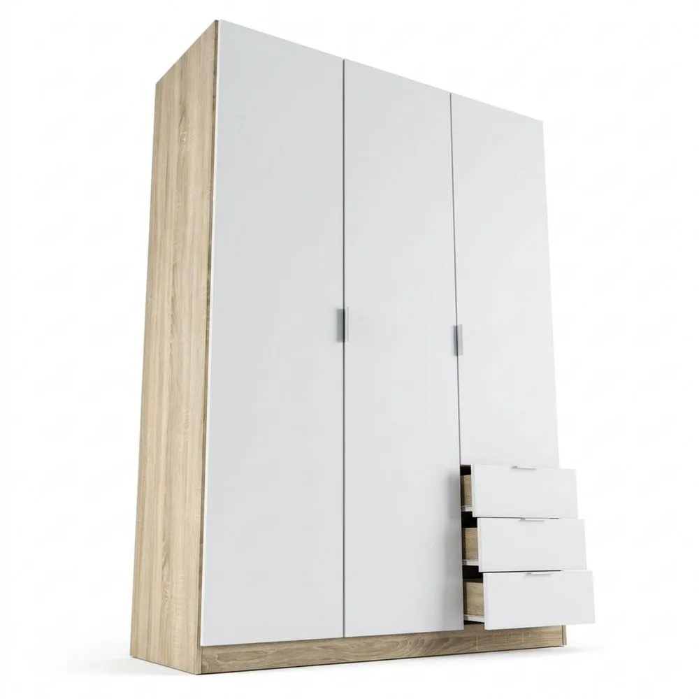 Armario de 3 puertas y 3 cajones en roble canadiense y blanco