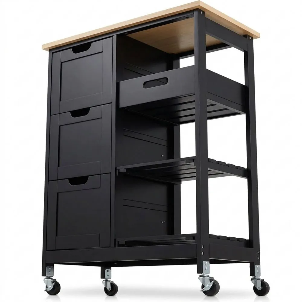Carrito Auxiliar de Cocina con Ruedas, 3 Cajones y 3 Estantes, Armario Lateral Negro 67 x 37 x 84.5 cm
