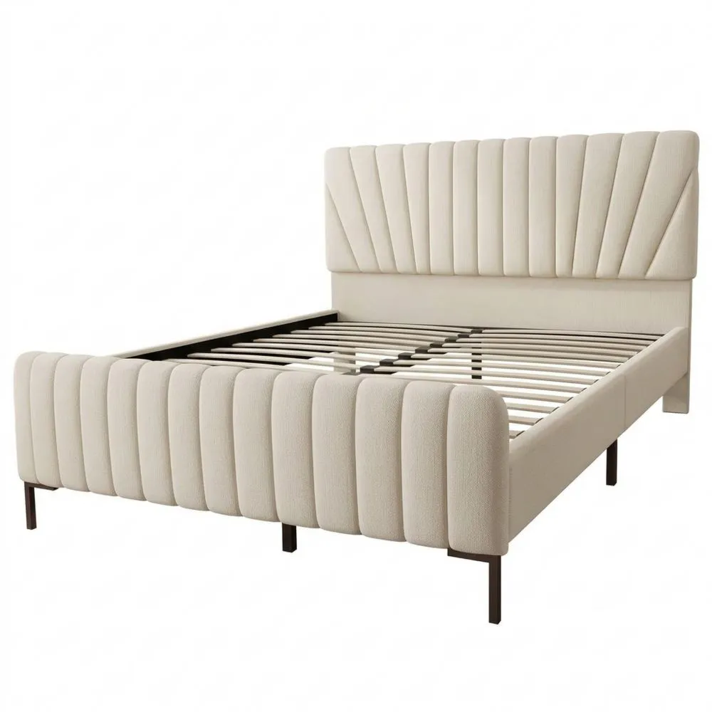 Cama Doble con Cabecero Ajustable y Base de Listones, Estructura de Cama de Lino Moderno