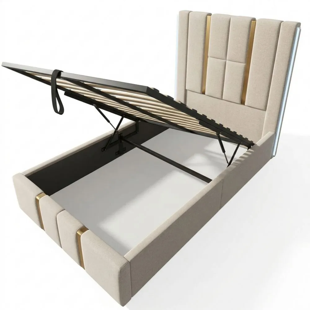 Cama Individual Juvenil 90x200 cm con Luz LED y USB, Almacenamiento Hidráulico, Estructura Metálica y Lamas de Madera, Lino Beige