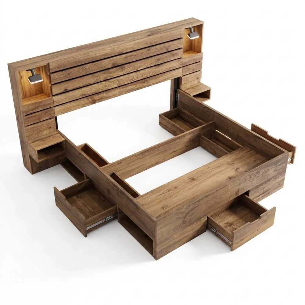 Cama Doble de Madera con Luces LED y Almacenamiento