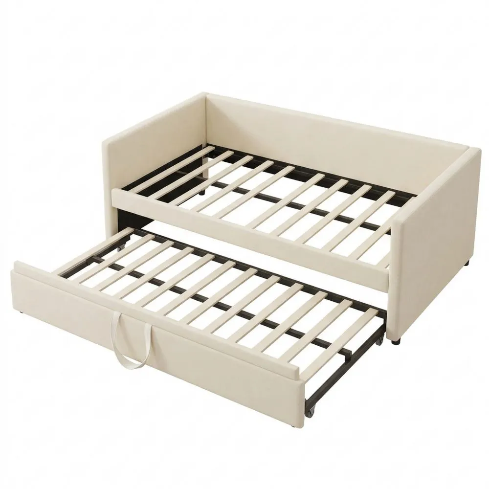 Cama multifuncional de terciopelo suave beige con base de láminas de madera, fácil de montar