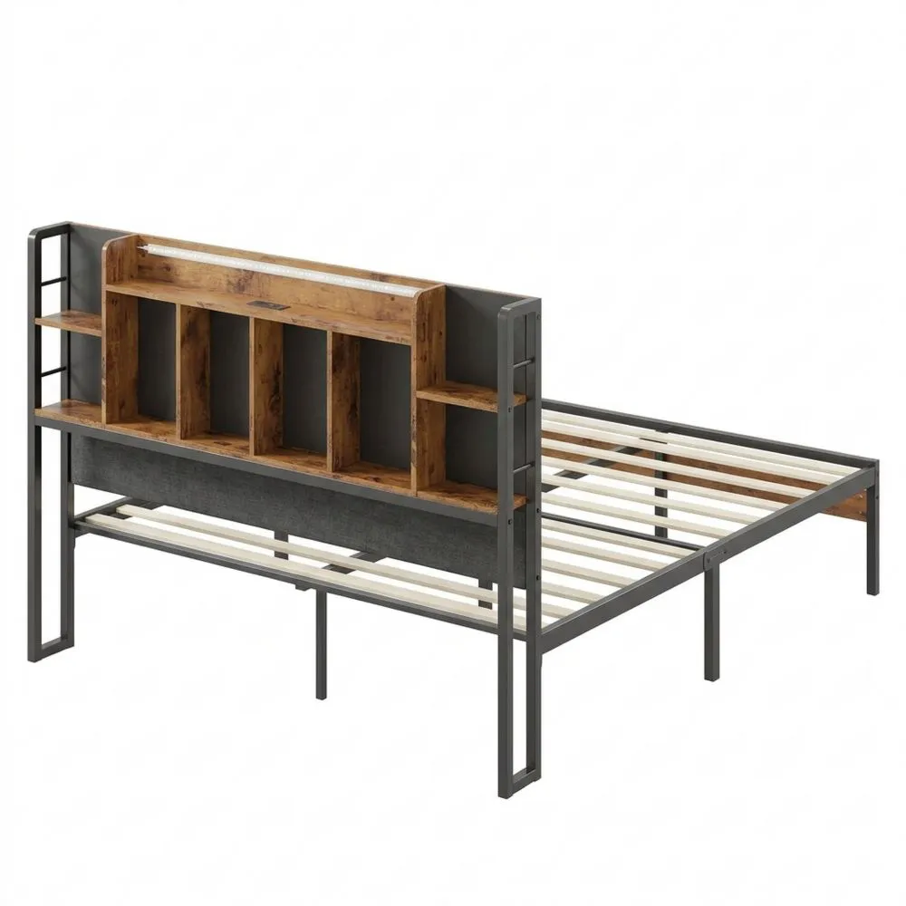 Estructura de cama de 140 x 200 cm con iluminación LED y carga USB, espacio de almacenamiento y cabecero acolchado, cama doble