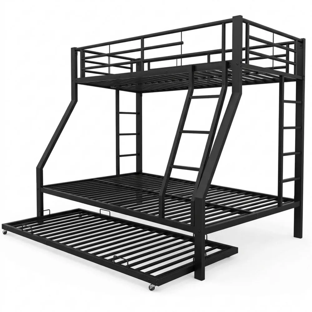 Cama Triple con Cama Nido y Escaleras, Metálica para 4 Personas, Negra