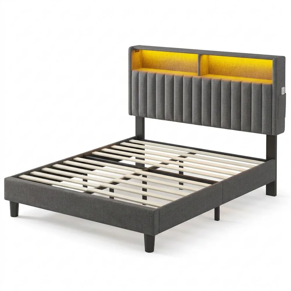 Cama con Estación de Carga, Cabecera Tapizada y Luz LED, Dormitorios (Gris, 90 x 200 cm)
