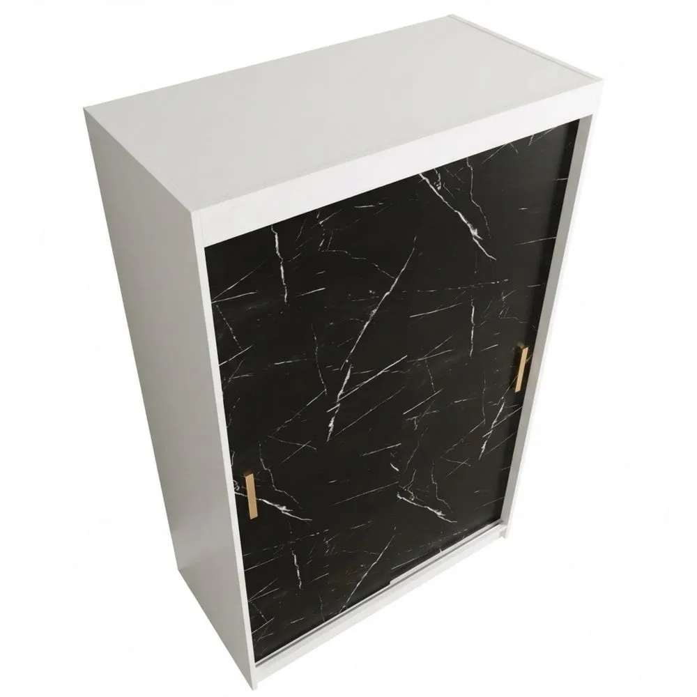 Armario de Puertas Correderas con Barra y Estante para Dormitorio en Blanco Mate y Mármol Negro