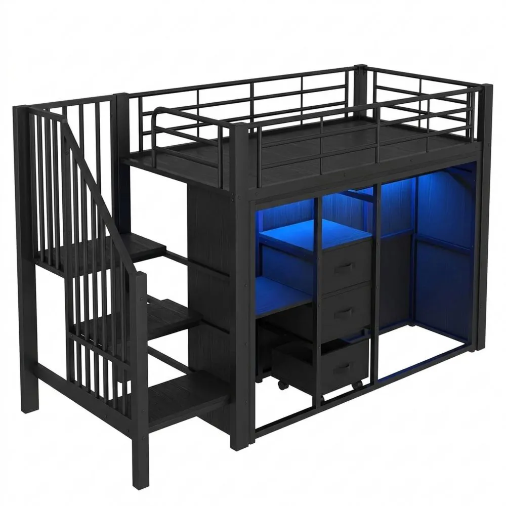 Cama Alta Individual con Cajones y Armario, Estructura Infantil con Iluminación LED