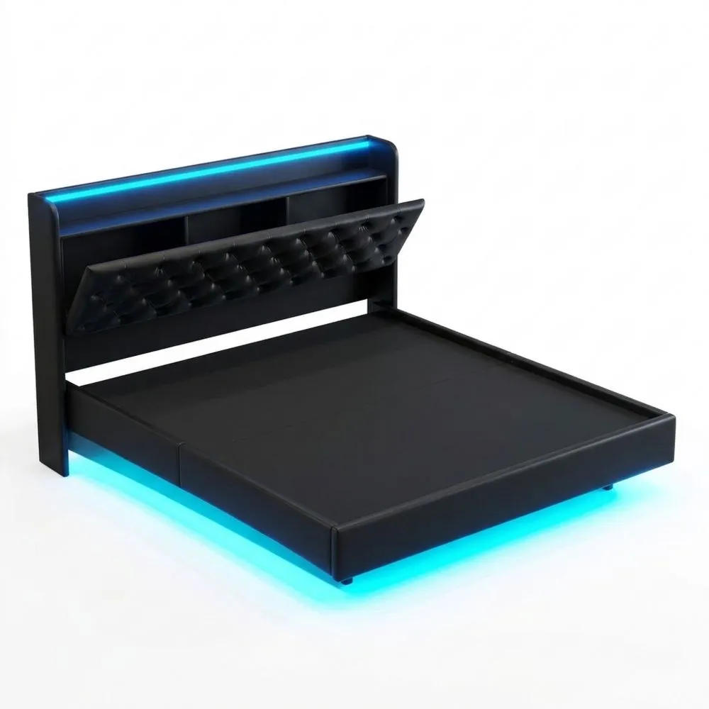 Cama Doble con Almacenamiento Hidráulico y Espacio LED 160 x 200 cm