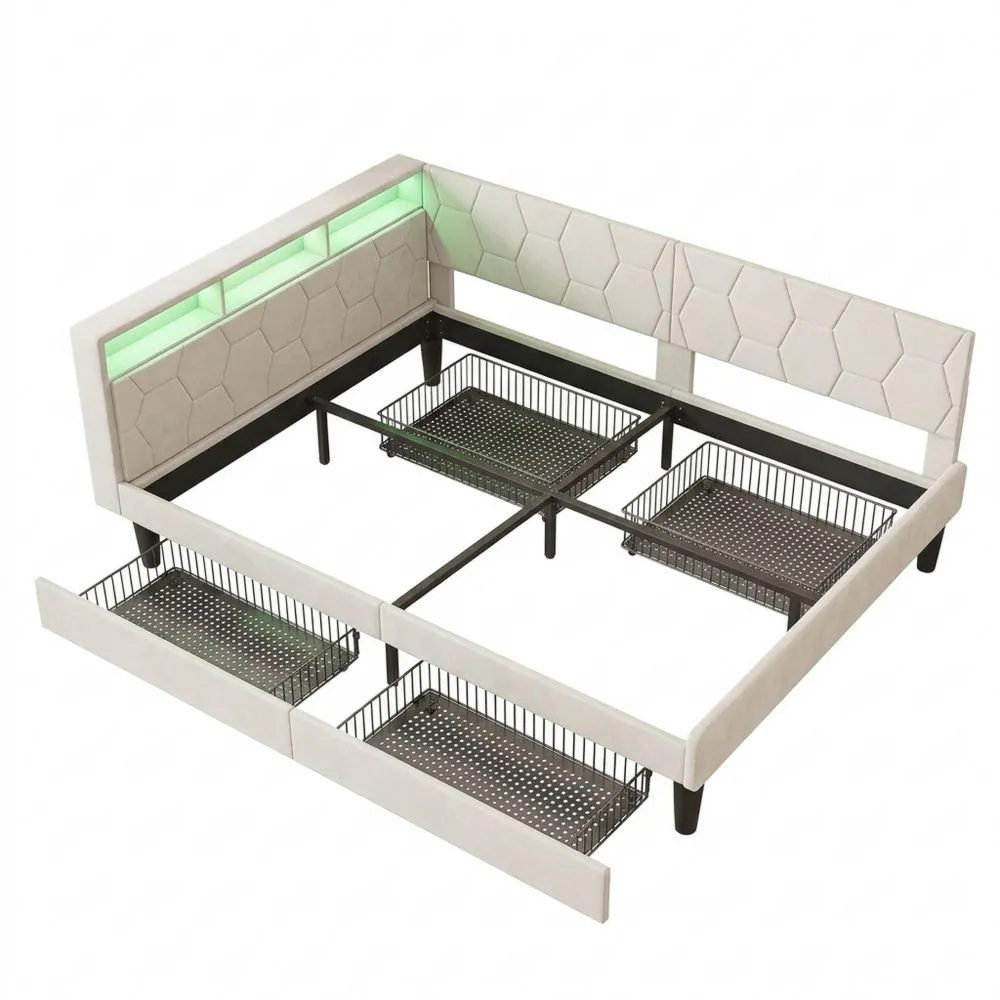 Sofá Cama Tapizado 140x200 cm con 2 Cajones, Iluminación LED y Estación de Carga USB