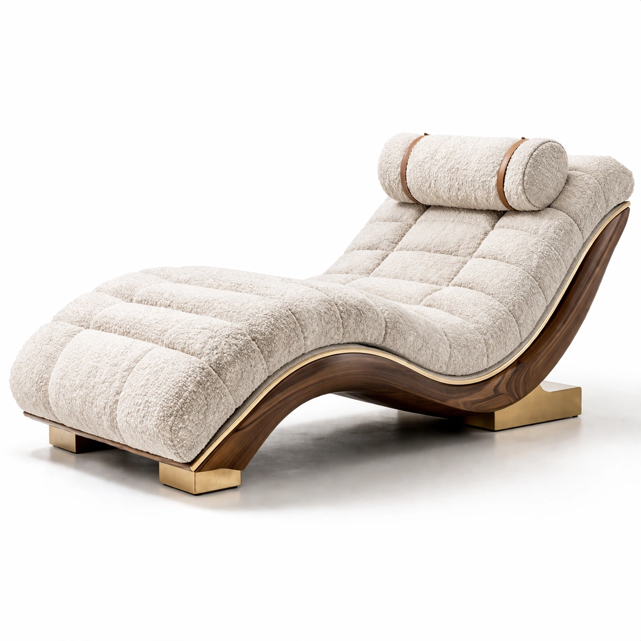 Luxus Relaxliege Boucle Beige mit Holz und Metall Basis