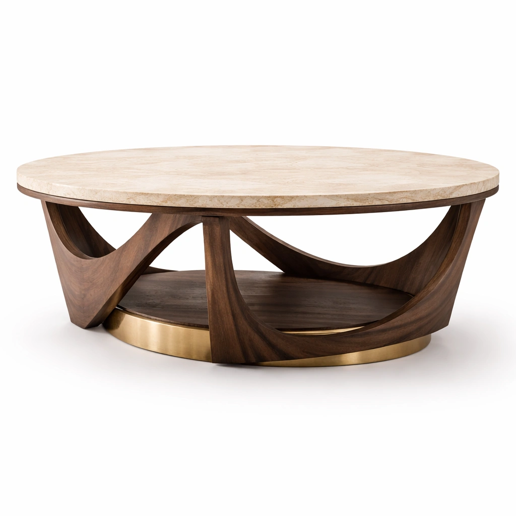 Designer Couchtisch Holz und Stein rund Luxus