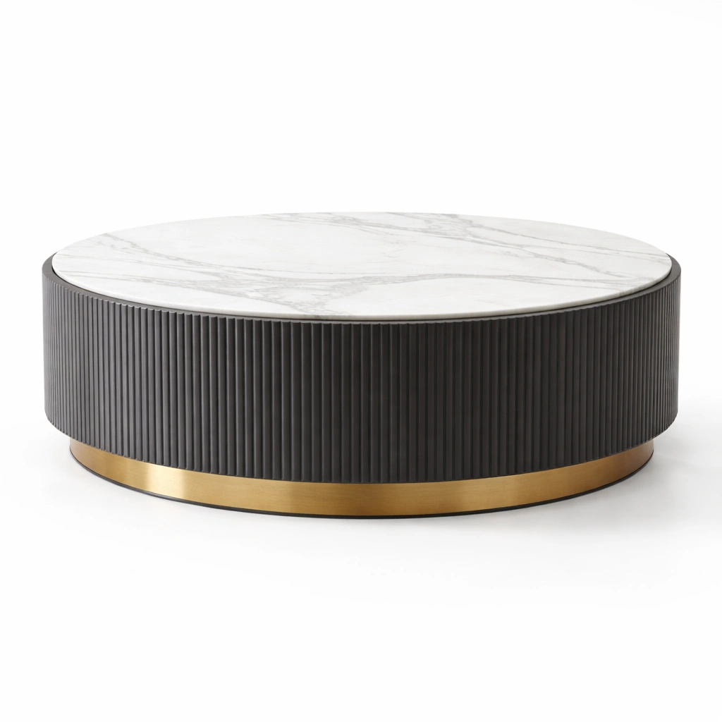 Couchtisch Marmor Schwarz rund mit Metallrahmen