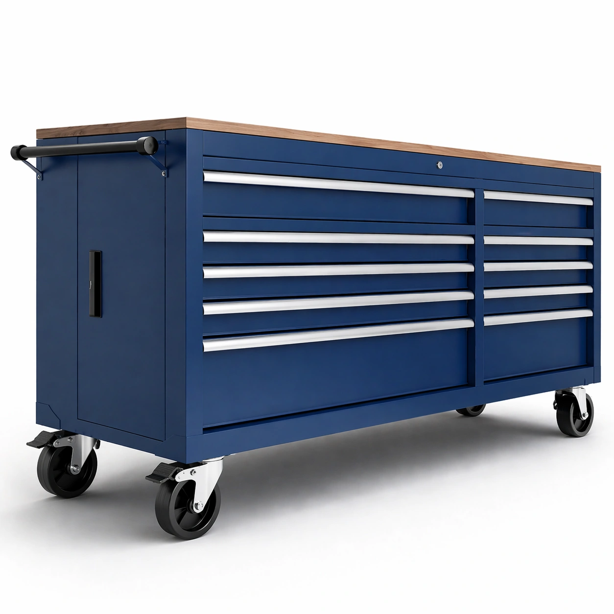 Werkstatt Werkzeugschrank Metall Blau mit Rollen und Holzplatte