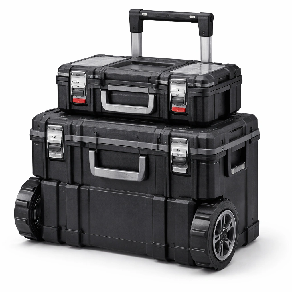 Werkzeugkoffer Set Kunststoff Schwarz mit Rollen stapelbar