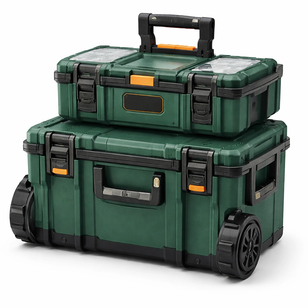 Werkzeugkoffer Set Kunststoff Gruen mit Rollen gross Volumen