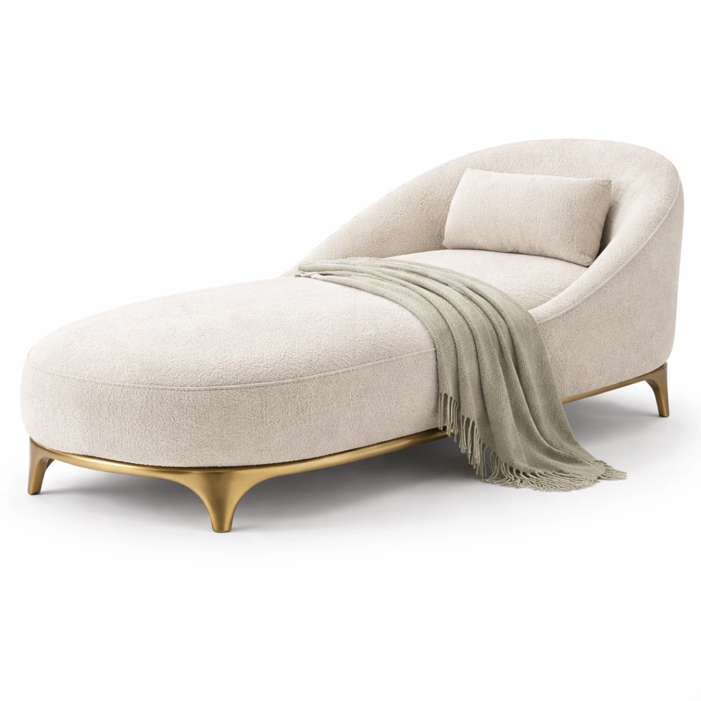 Luxus Relax Chaiselongue Stoff Creme Gold Beine