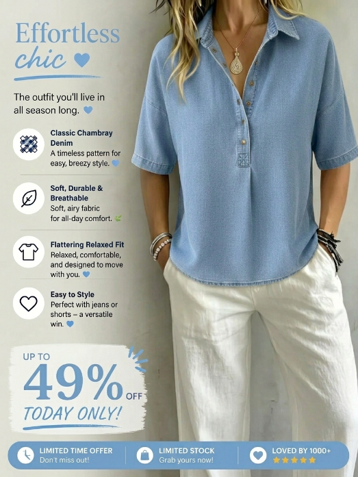 Women's Relaxed Denim-Style Button Detail Top