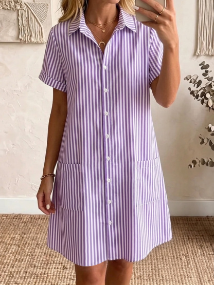Today 49% off🔥Women's Cozy Lapel Classic Striped Cotton Linen Shirt Dress