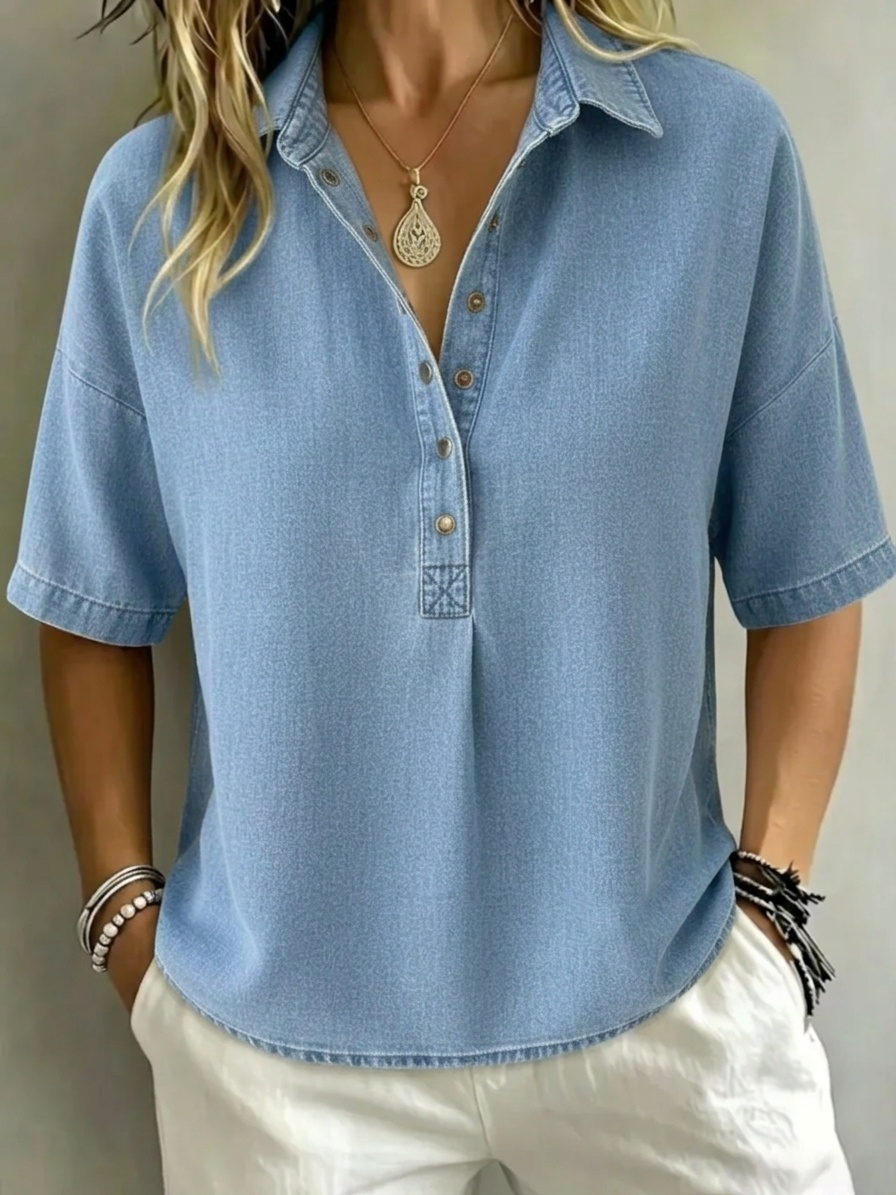 Women's Relaxed Denim-Style Button Detail Top