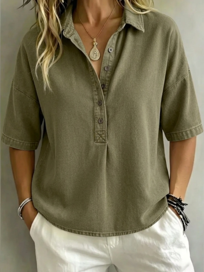 Women's Relaxed Denim-Style Button Detail Top