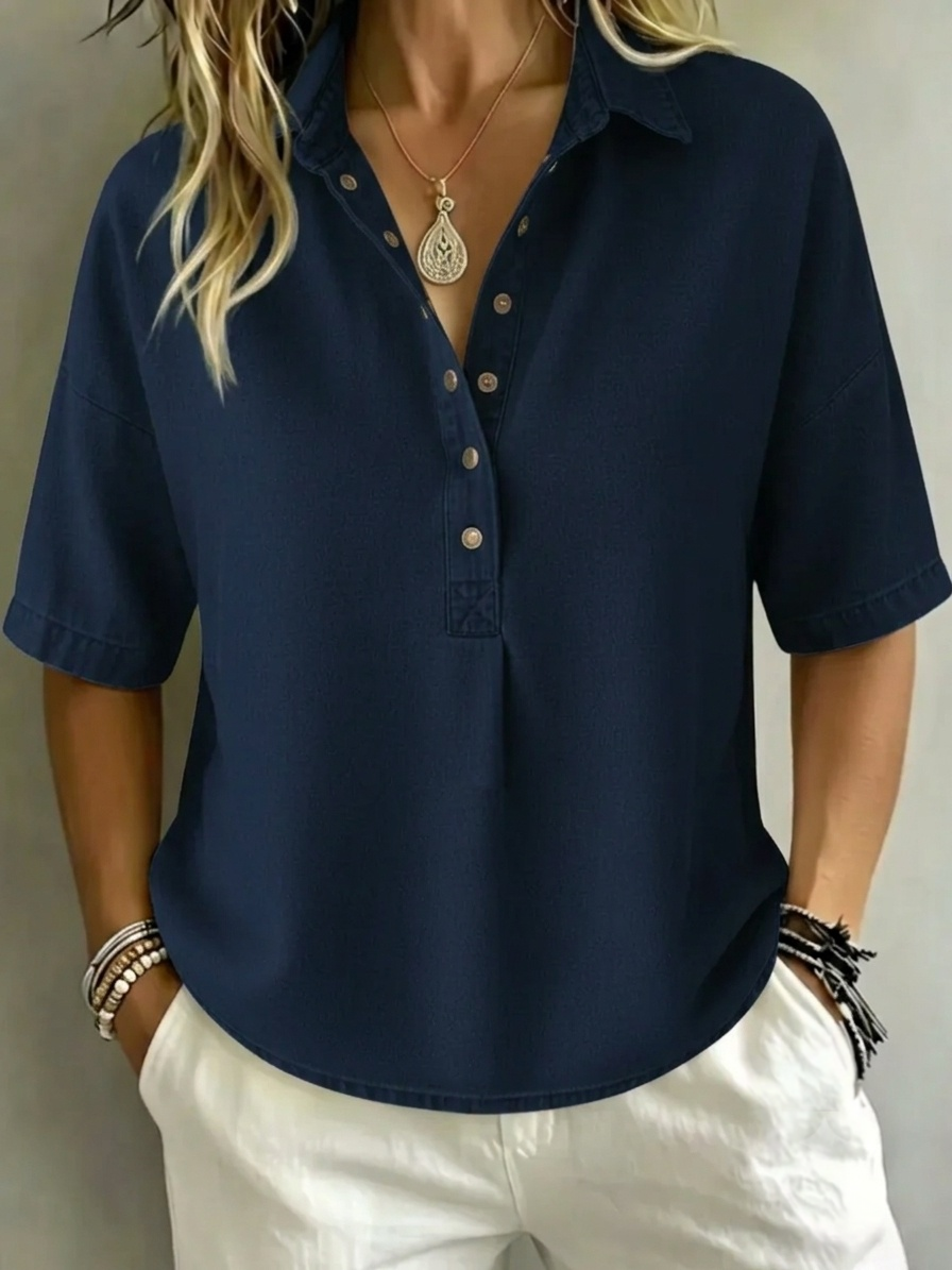 Women's Relaxed Denim-Style Button Detail Top
