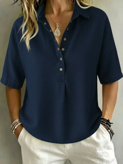 Women's Relaxed Denim-Style Button Detail Top