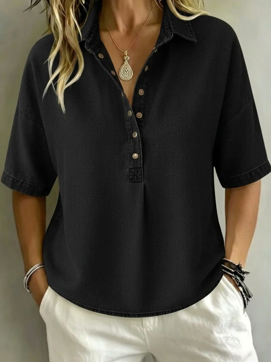 Women's Relaxed Denim-Style Button Detail Top