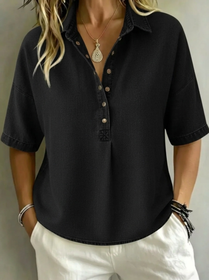 Women's Relaxed Denim-Style Button Detail Top