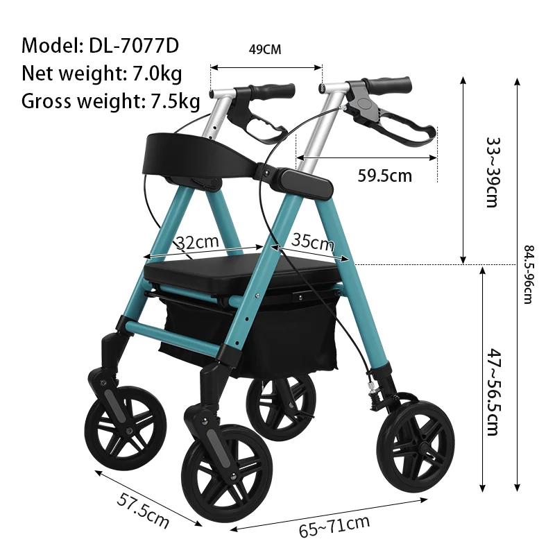 DL-7077D Aluminum Rollator for Elderly Mobility Support and Comfortable Walking Assistance