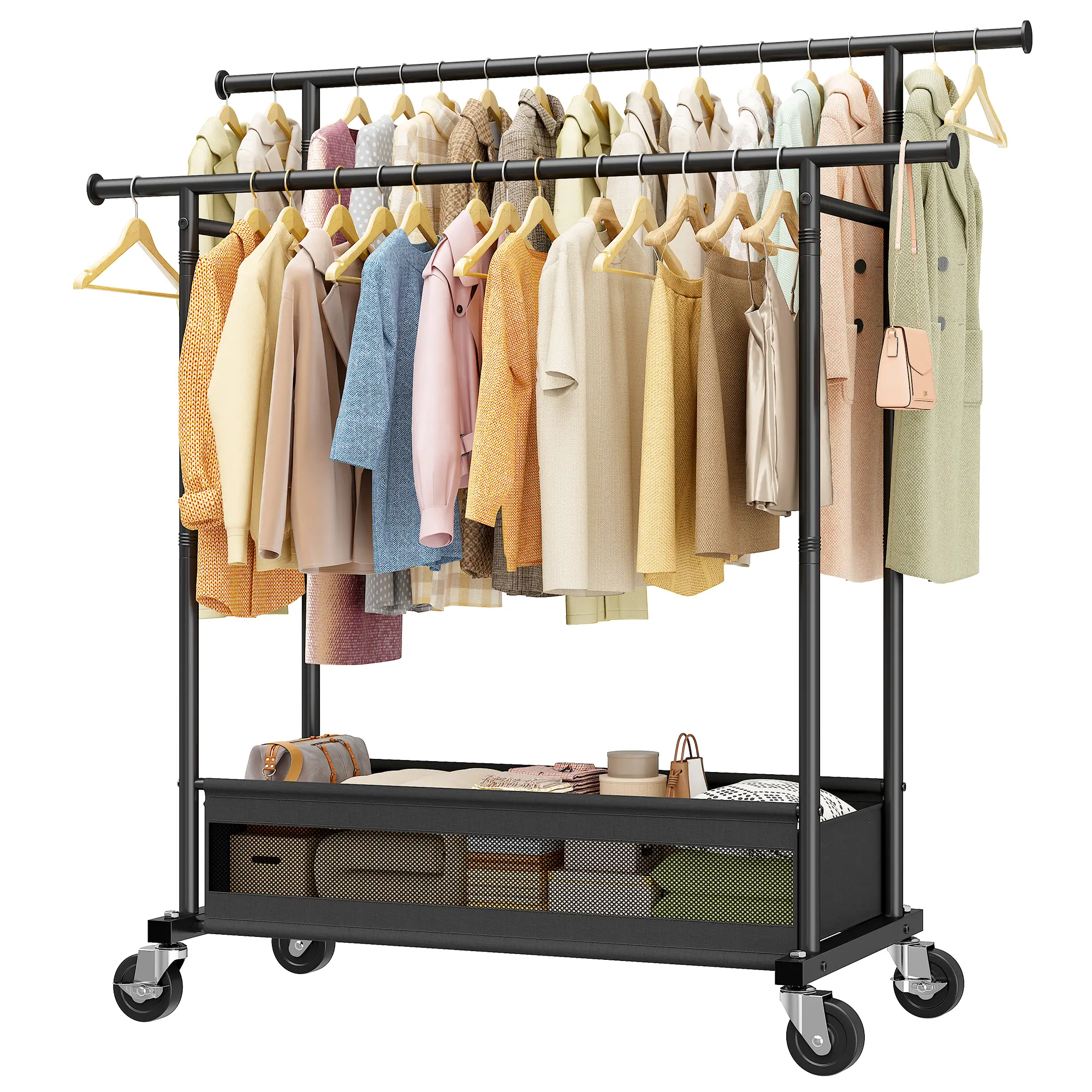 Raybee Heavy Duty Clothing Racks with Net Pocket Holds Up to 210lbs,Double Rod Metal Clothes Rack for Hanging, Rolling Garment Rack with Wheels Portable Closet Racks for Bedroom, Laundry Room,Dorm, Black, White, Gold