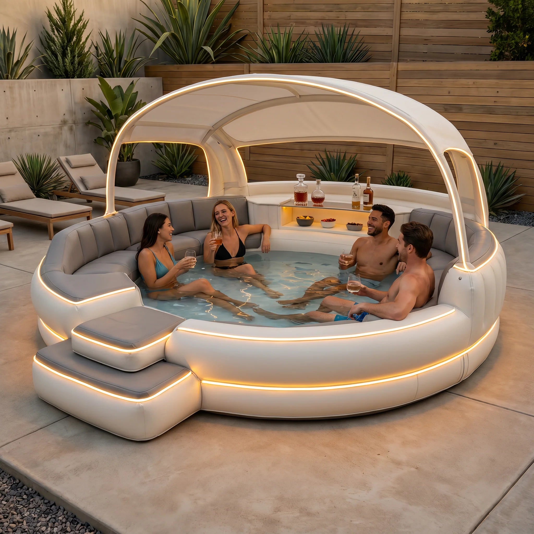 Luxury Inflatable Spa with Canopy and Ambient Lighting