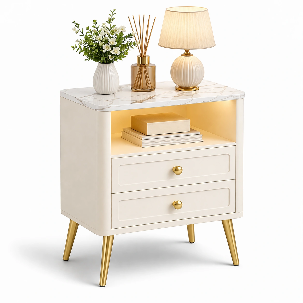 Eleganter nachttisch mit marmoroptik und led licht-kyndrahome.com