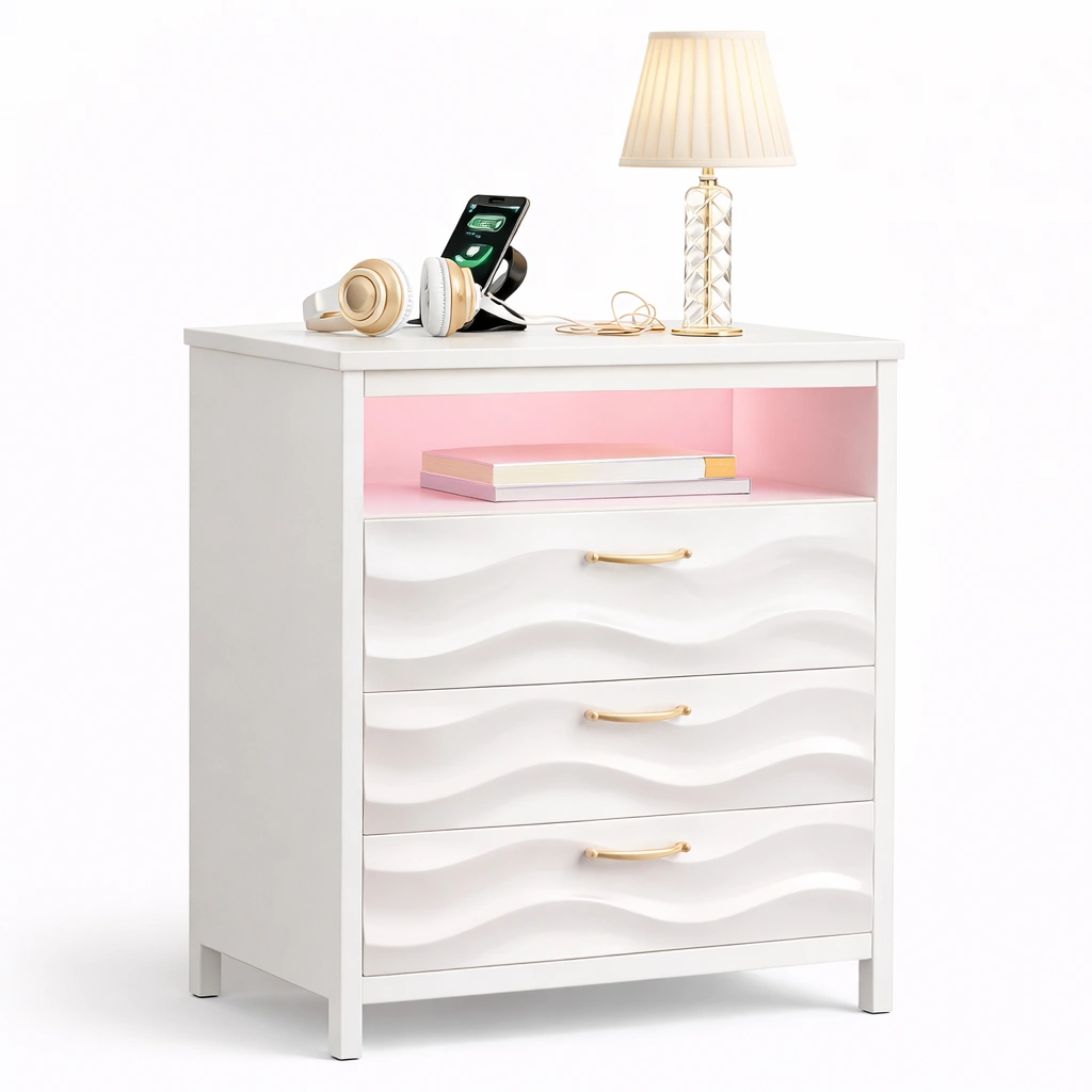 Moderner nachttisch mit led fach und drei schubladen-kyndrahome.com