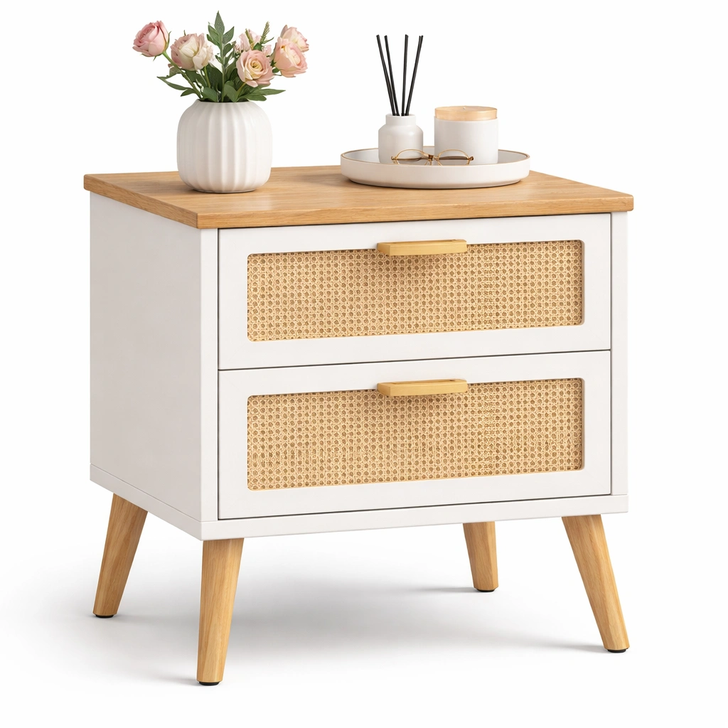 Stilvoller nachttisch mit rattanfront und zwei schubladen-kyndrahome.com