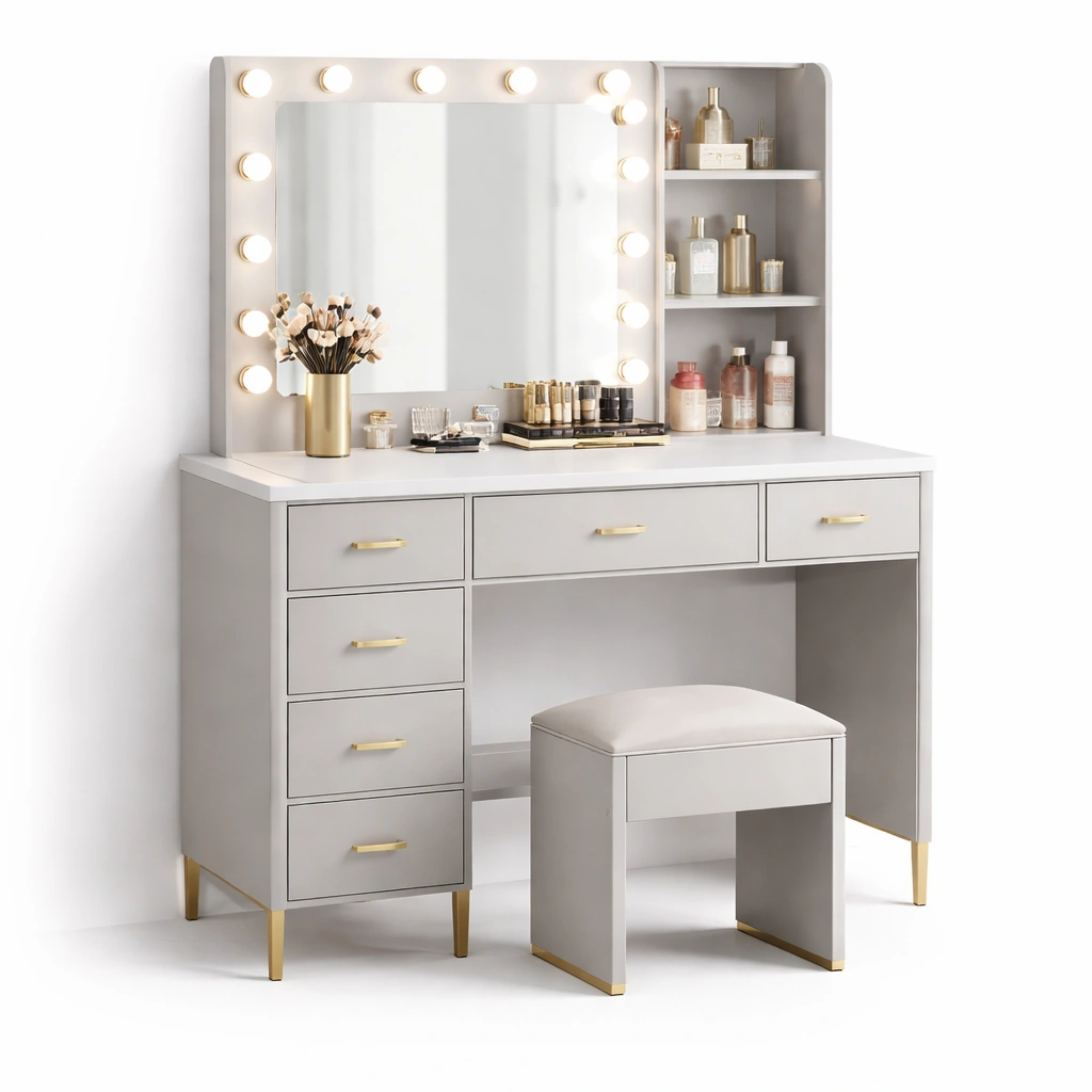 Klassischer schminktisch mit spiegel und hocker-kyndrahome.com