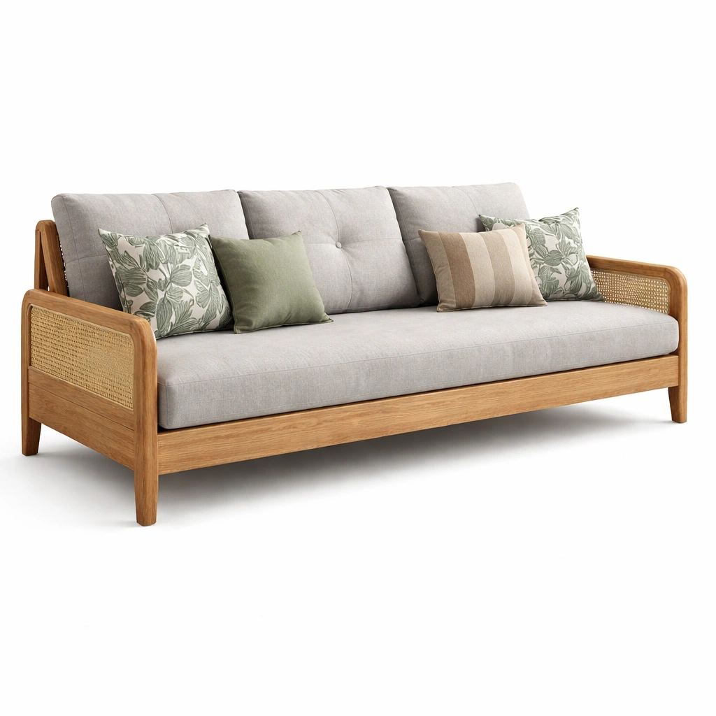 Modernes sofa mit holzrahmen und rattan seitenteilen-kyndrahome.com